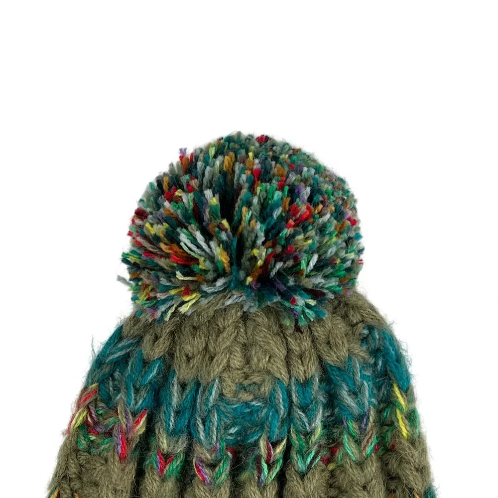 Andes Gifts Multi Color Chunky Knit Pom Pom Beanie Olive Green Alpaca‎ Blend